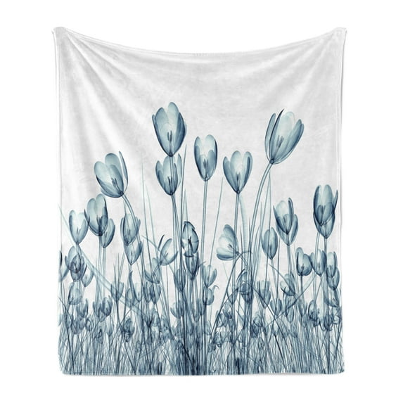 Xray Flowers Soft Flannel Fleece Throw Blanket, Crocus Flowers Field Radiography Illustration, Cozy Plush for Indoor and Outdoor Use, 60" x 80", Cadet Blue Night Blue, by Ambesonne