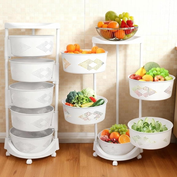 Xrg 5-Tier Rotating Kitchen Organizer Rack with Wheels, PP Plastic Storage Shelf with Baskets for Countertop, Pantry, Bathroom & Home, Space-Saving Multifunctional Display Stand