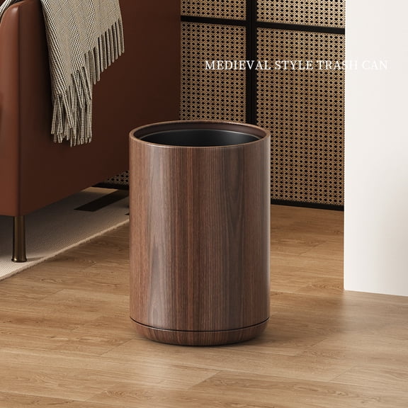 Xrg 8L/2.1GAL Modern Metal Waste Bin with Realistic Wood Texture,Built-in Bag Holder,Open-Top Trash Bin for Bathroom,Home,Office,Living Room