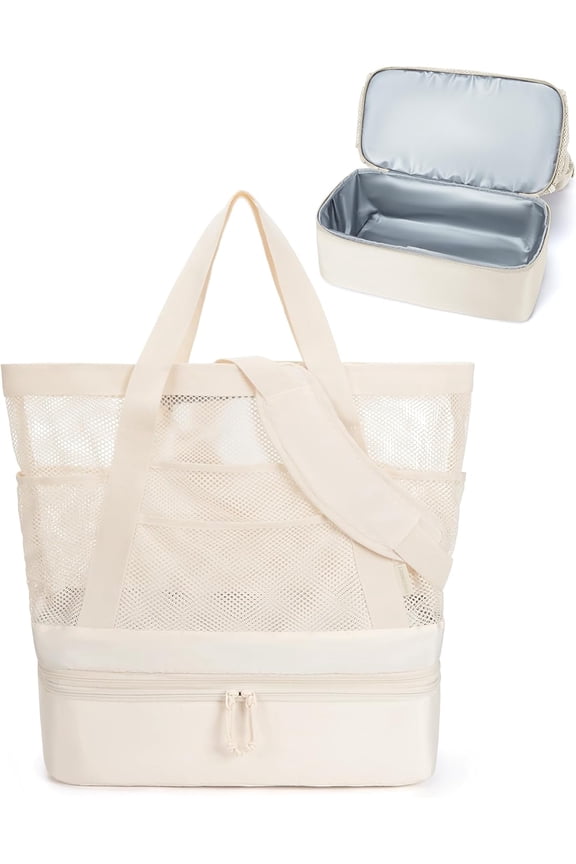 Beach Bag for Women, Mesh Tote Bags with Zipper, Sandproof Vacation Essentials with Cooler for Swim Cruise Pool