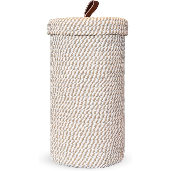 Xrg Handmade Cotton & Jute Toilet Paper Holder – Woven Toilet Paper Stand & Storage Basket with Lid, Freestanding Organizer for Bathroom, Fits 3 Mega Rolls 14" x 7''