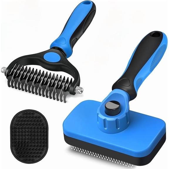 Xrgnb 3-in-1 Pet Grooming Brush Set, Self-Cleaning Slicker Brush, Dematting Rake & Flea Comb for Dogs, Cats & Horses