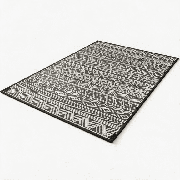 Xrgnb 5'x8' Grey Boho Geometric Outdoor Rug, Waterproof Reversible Plastic Straw Patio Mat for RV, Deck, Camping, and Backyard