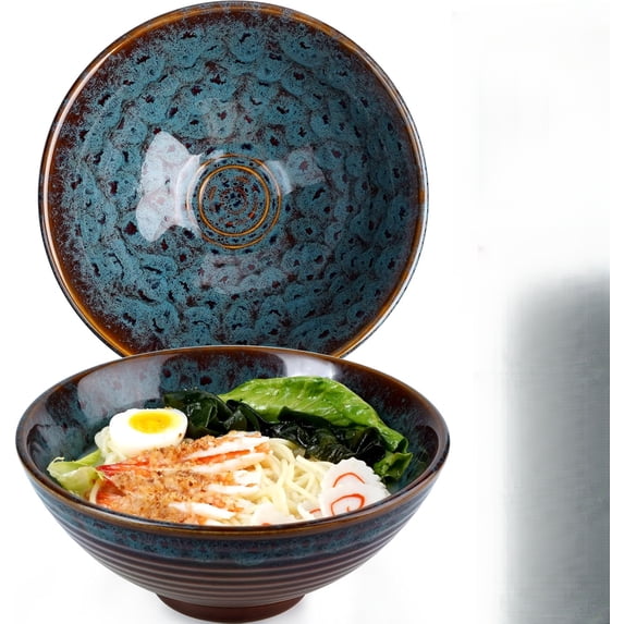 Xrgnb 8-Inch Ceramic Ramen Bowl Set of 2, Large Soup Bowls for Pho, Udon, and Asian Dishes, Peacock Tail Reactive Glaze