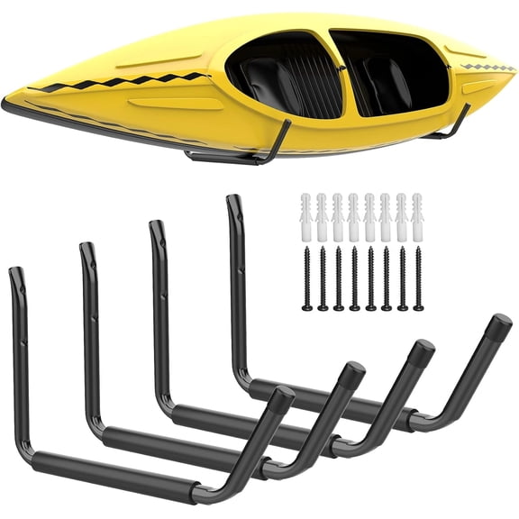 Xrgnb Wall Mount Kayak Storage Rack, 4 Pack Heavy Duty Garage Storage Hooks for Kayak, Canoe, Surfboard, Ski, Black
