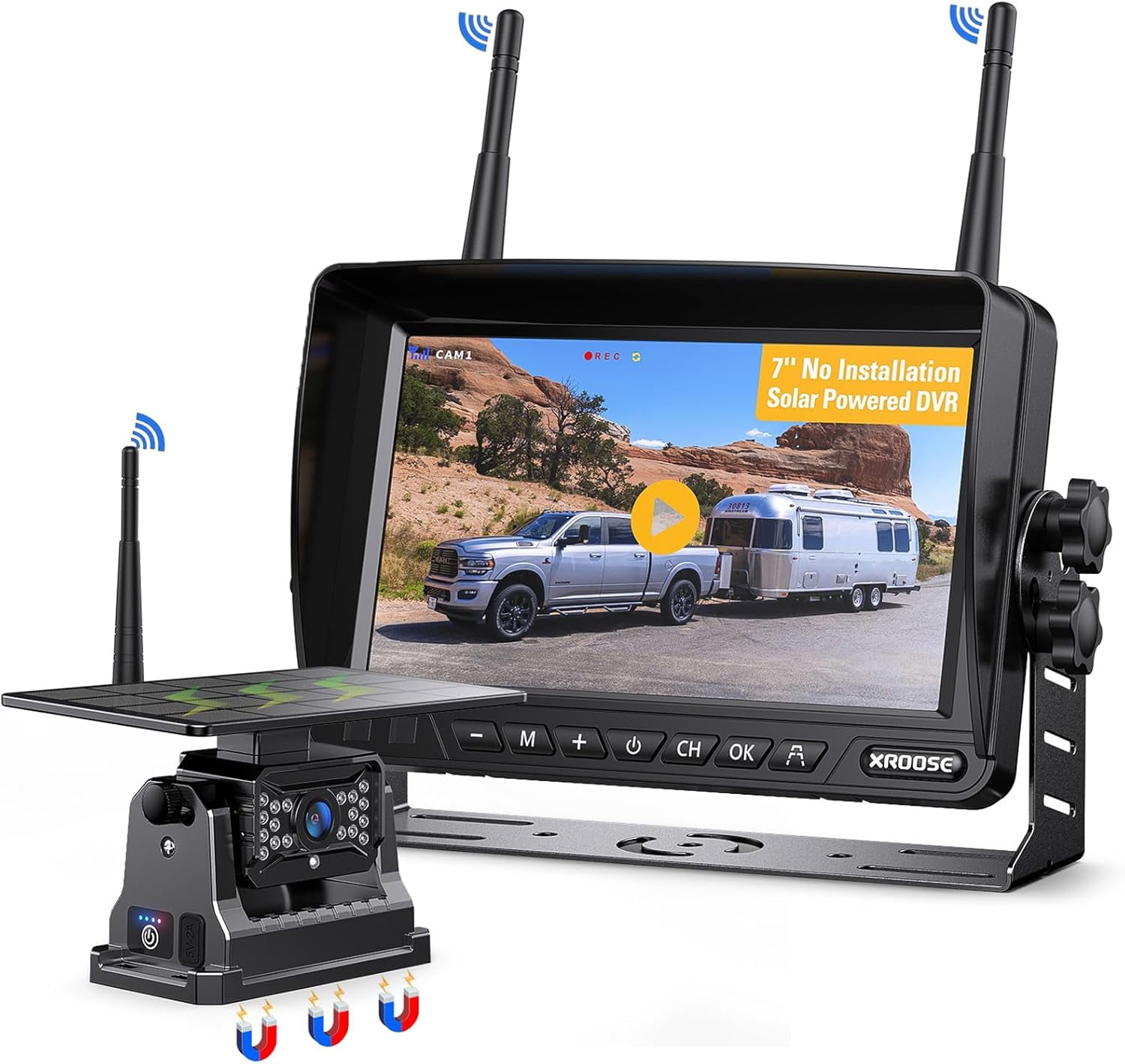 Xroose Magnetic Solar Wireless Backup Camera 7''HD 1080P Monitor No Drilling 2-Min Installation IR Night Vision Waterproof Rear View Camera