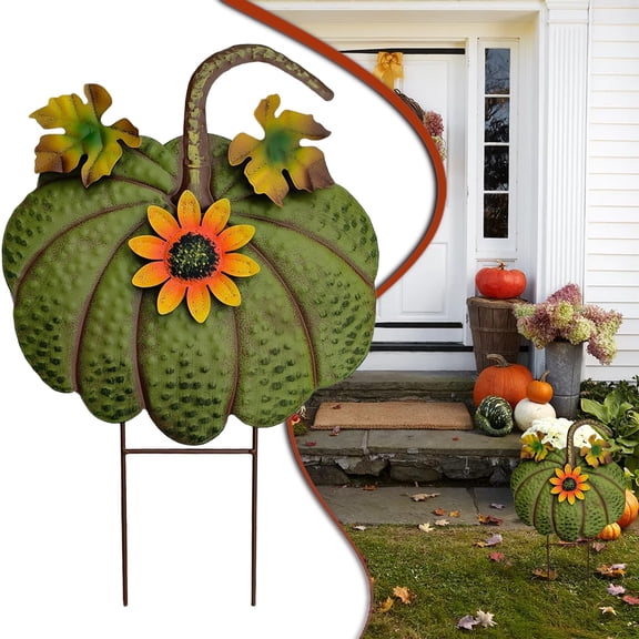 Xrouty fall pumpkin Garden Stakes fall pumpkin decorations outdoor fall yard stakes Rustic Metal Yard Sign Pumpkins Decorations Autumn Harvest Patio Lawn Decor (Green)