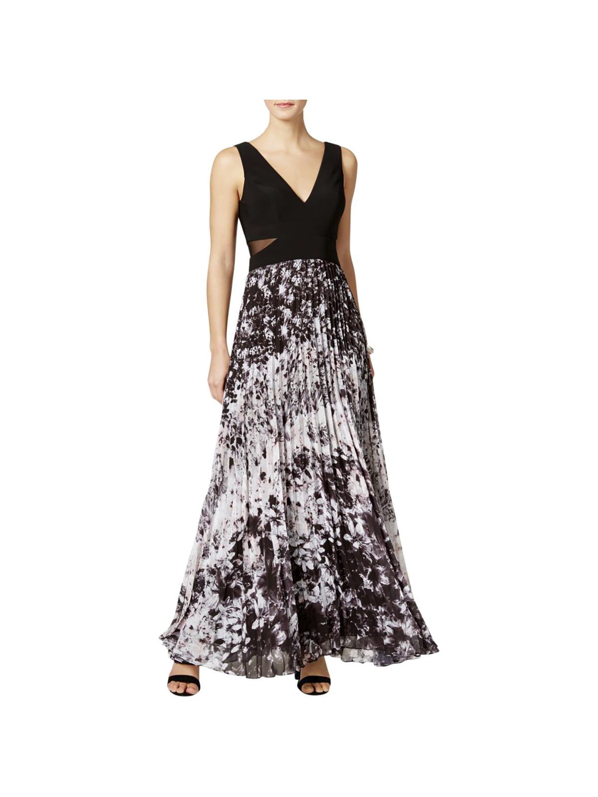Xscape Women's Illusion Printed Pleated Chiffon Gown (4, Black/White/Pink)
