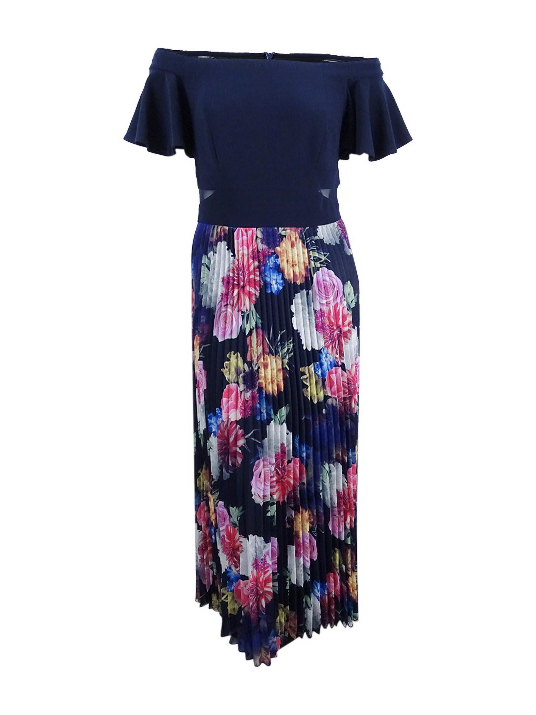 Xscape Women s Plus Size Pleated Floral Off The Shoulder Gown 20W Navy Multi Walmart