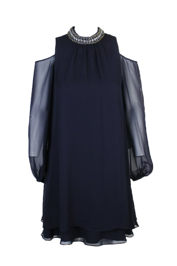Womens Deep Navy Beaded Choker Neck Cold Shoulder Shift Dress 8