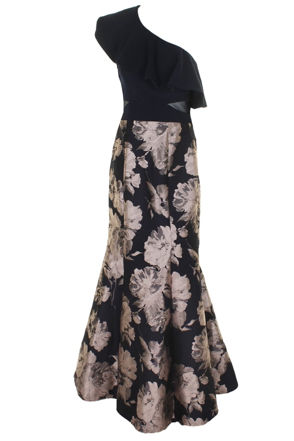 Womens Navy Pink One-Shoulder Floral Jacquard Mermaid Gown 2