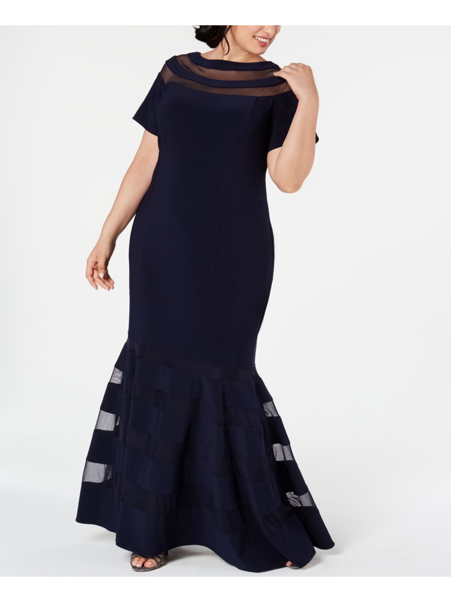Xscape Womens Navy Sheer Zippered Short Sleeve Jewel Neck Full-Length  Formal Mermaid Dress Plus 14W Women's Plus - Walmart.com