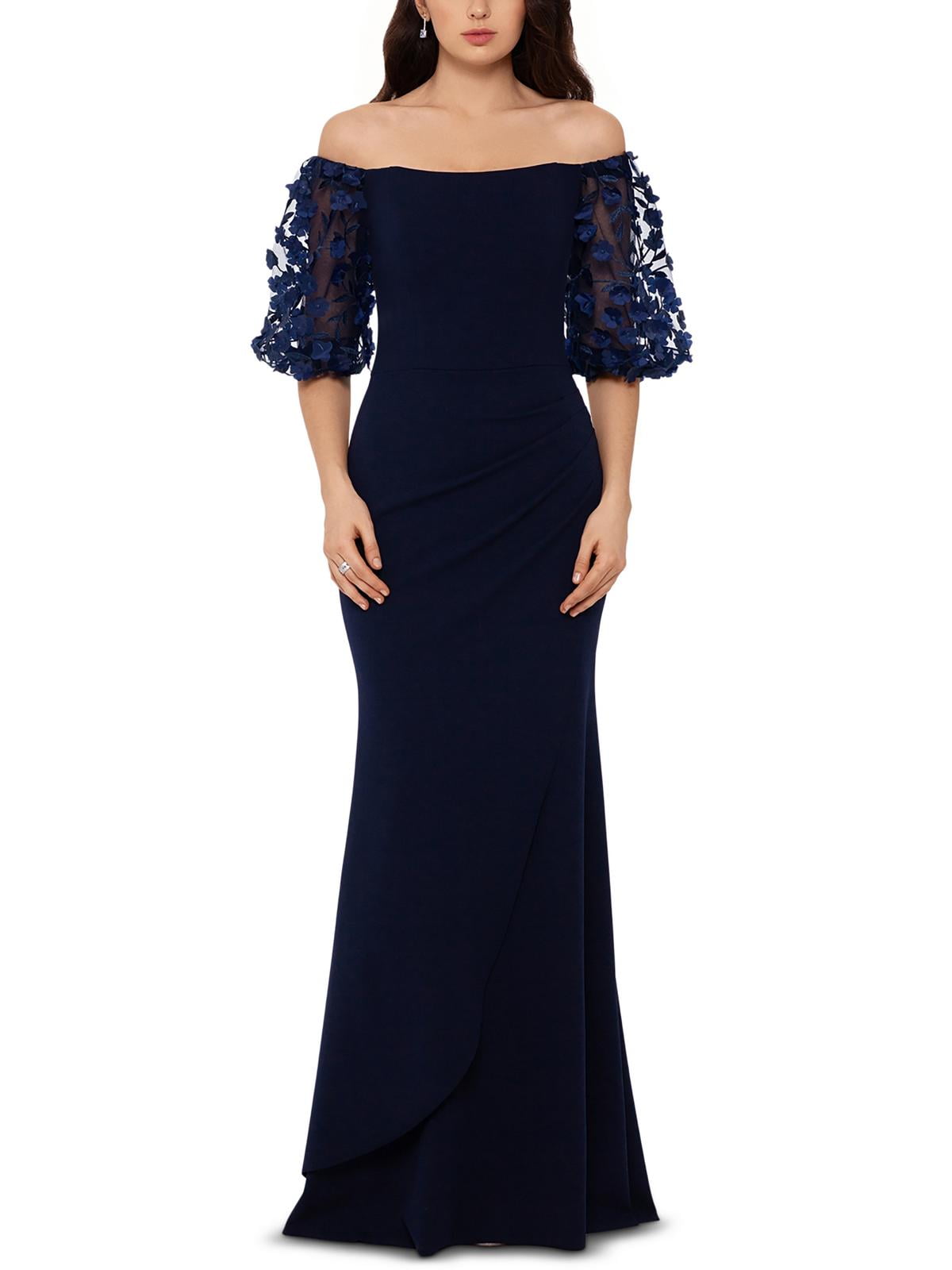 xscape velvet off the shoulder dress Christy" Long Off the Shoulder Velvet Dress
