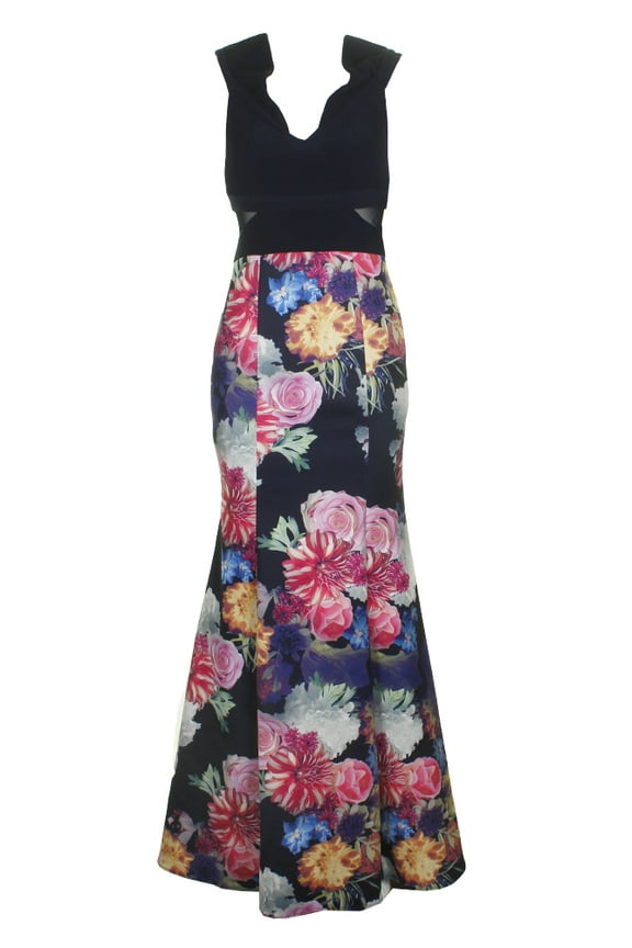 Womens Petite Navy Pink Floral Print Off-The-Shoulder Mermaid Gown 8P