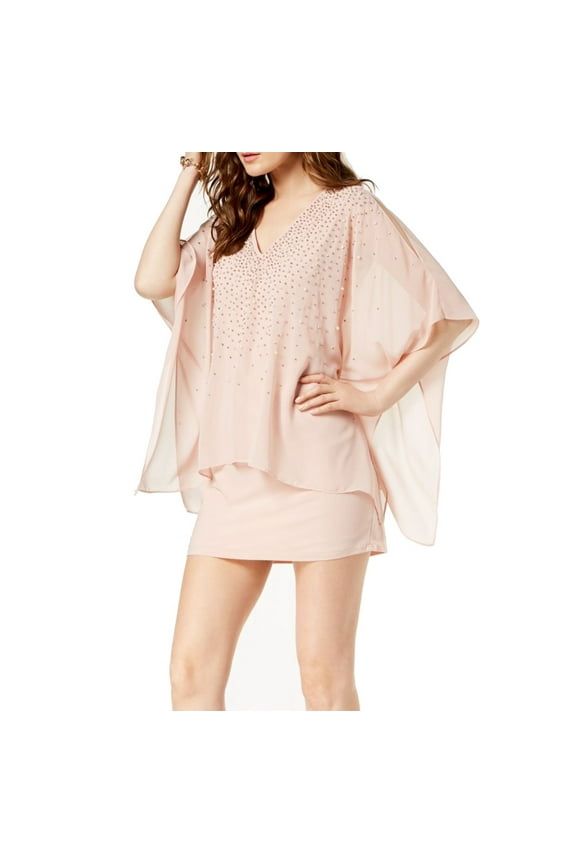 Womens Petite Sheath Embellished Cape Overlay Dress