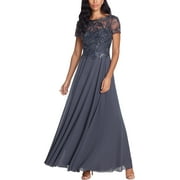 XSCAPE Womens Gray Embellished Zippered Lined Darted Sheer Short Sleeve Scoop Neck Full-Length Evening Gown Dress Petites 8P