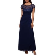 XSCAPE Womens Navy Zippered Pleated Draped Skirt Lined Short Sleeve Boat Neck Full-Length Formal Gown Dress Petites 4P