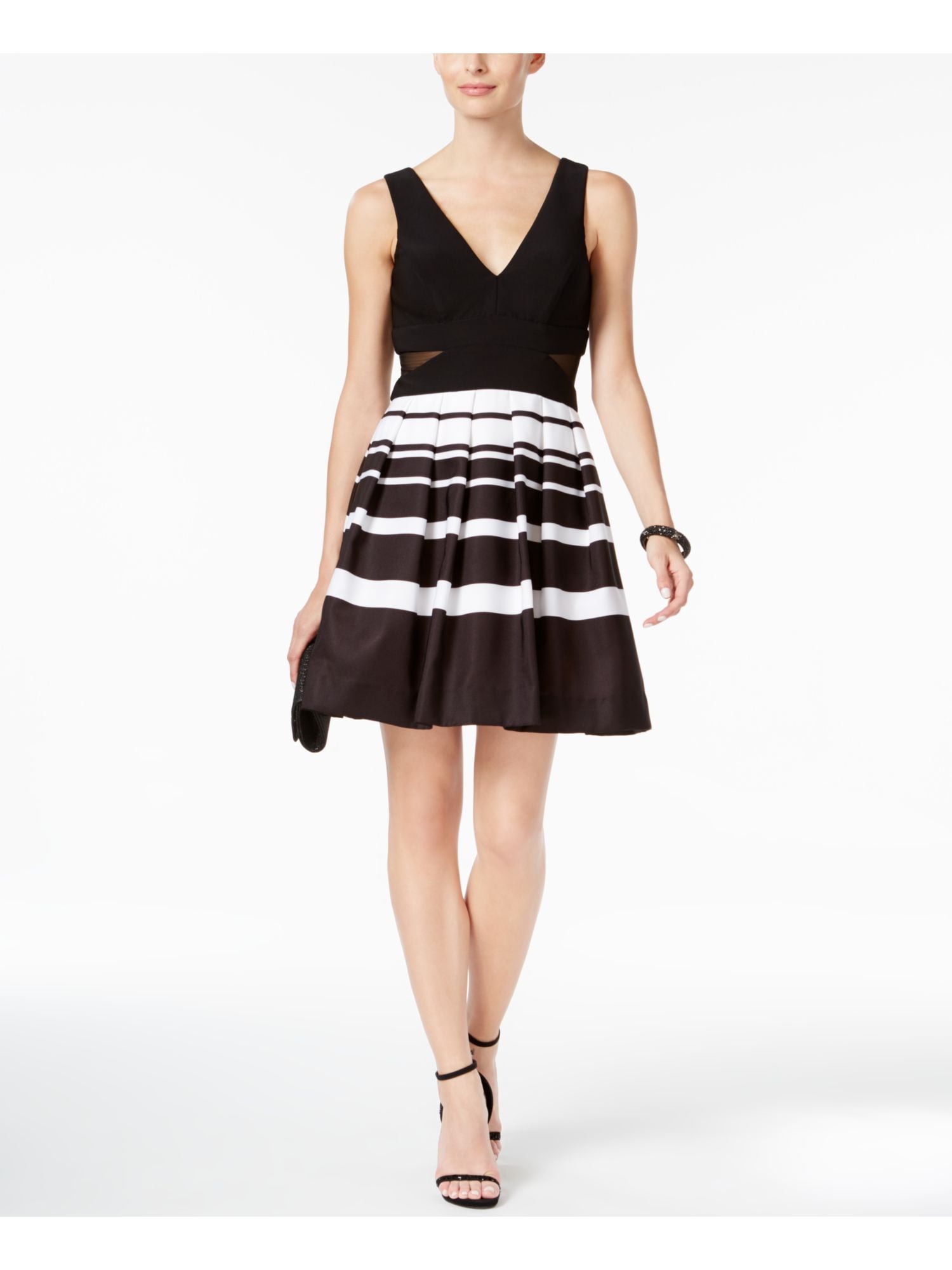 Xscape Womens Petites Illusion Striped Cocktail Dress B/W 12P