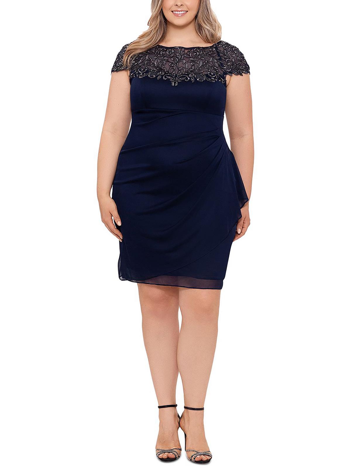 Xscape Womens Plus Beaded Knee Cocktail and Party Dress