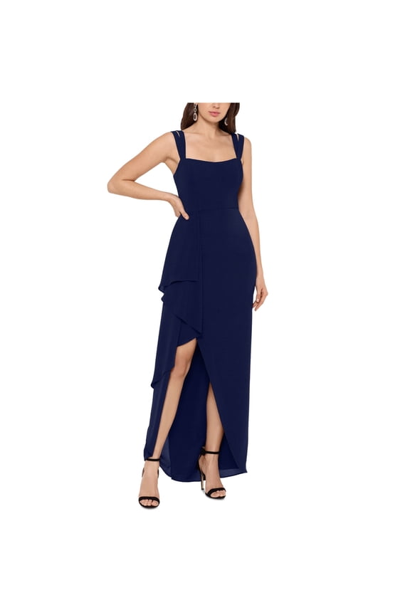 Womens Ruffle Gown Dress, Blue, 8