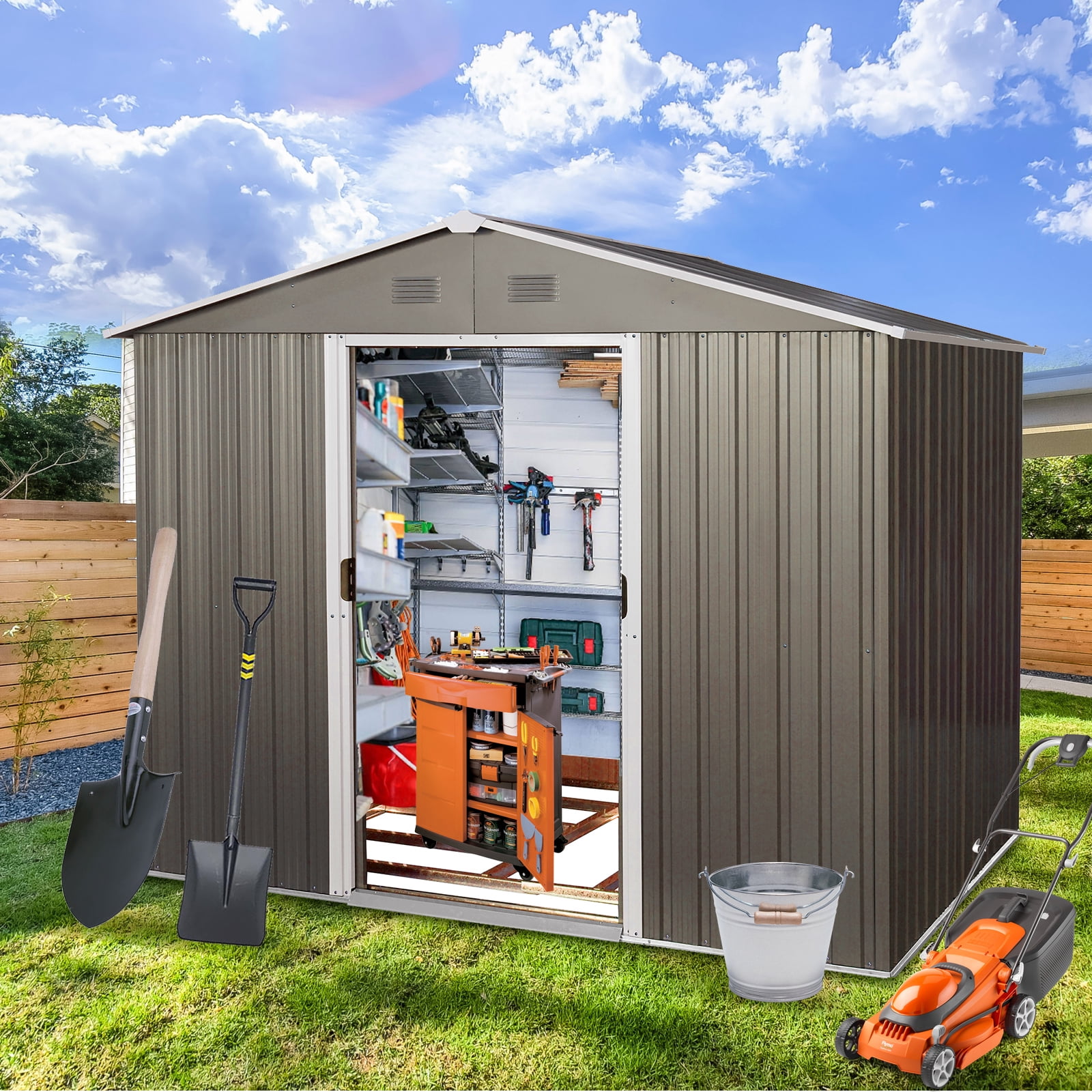 Xshelley 8x6 FT Outdoor Storage Shed, Large Storage Shed Galvanized ...