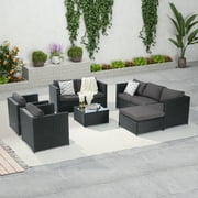 Xshelley Outdoor Patio Furniture Set 6 Pieces Sectional Rattan Sofa Set PE Rattan Wicker Patio Conversation Set with 8 Seat Cushions &1 Tempered Glass Table
