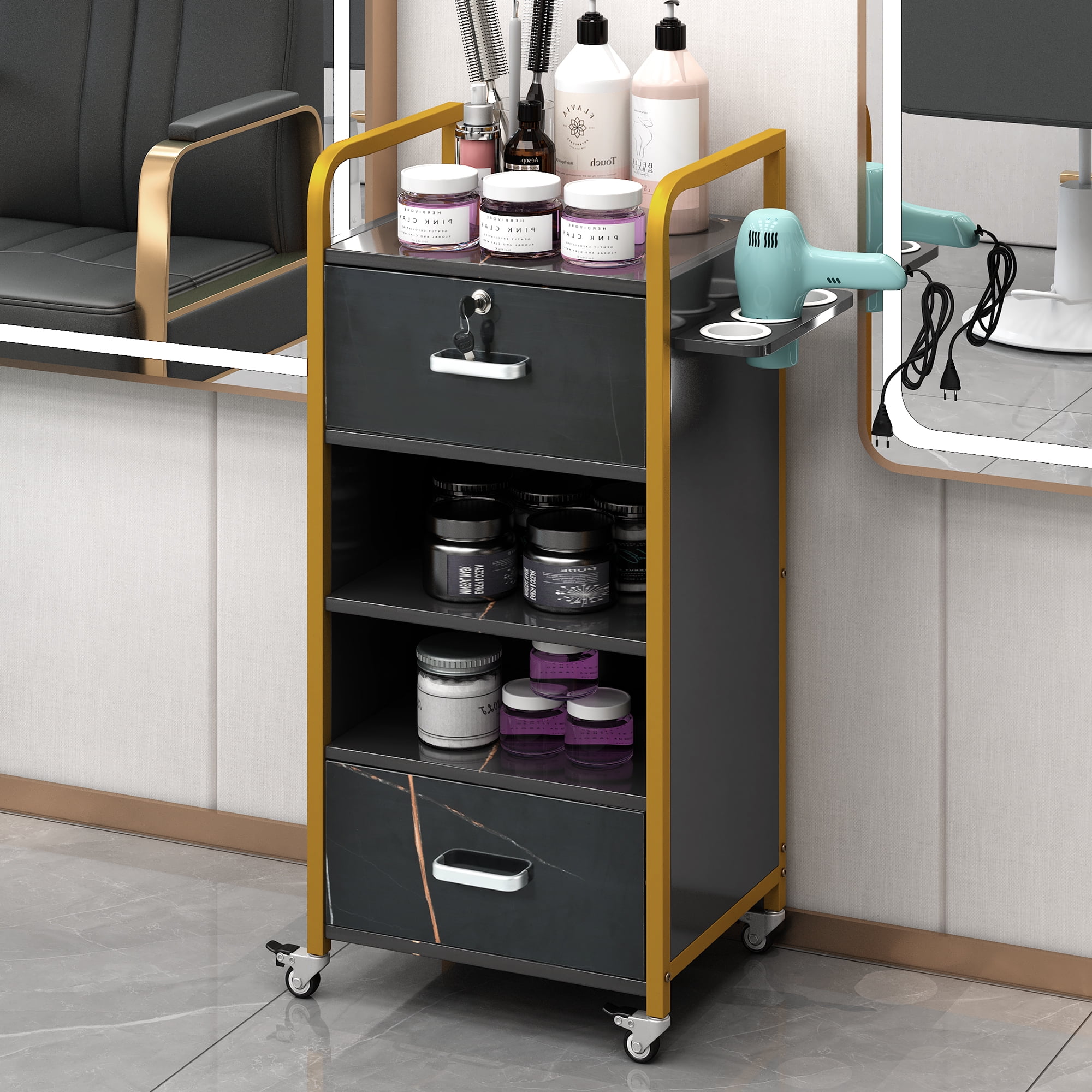 Xshelley Salon Trolley with Drawers & Dryer Holder, Rolling Hair Cart
