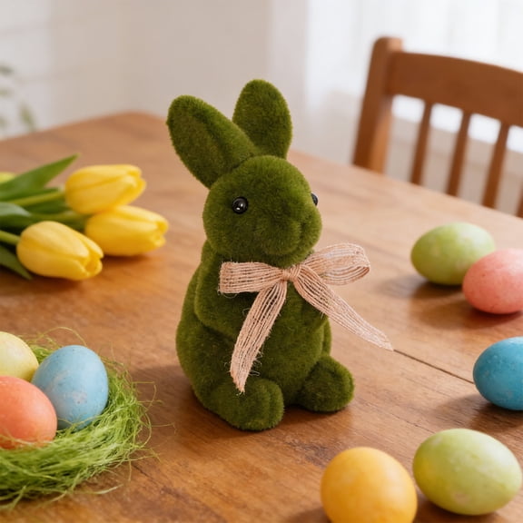 Xshuai Easter Flocked Bunny with Bow, Green Flocked Easter Decor Bunny, Decor Tabletop Shelf Decoration for Easter Spring