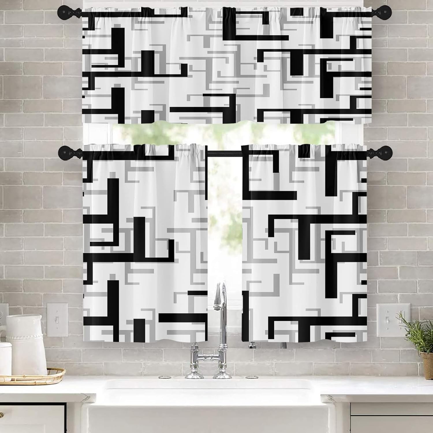 Xsinufn Black Grey White Kitchen Curtains Geometric Window Curtains and ...
