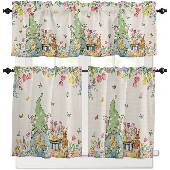 Xsinufn Easter Flower Curtain Valance,Gnomes Bunny Eggs Spring Floral Short Rod Pocket Tier Curtain Window Treatment for Living Room/Kitchen/Bathroom/Cafe Seasonal Windows Decor,3 Panels