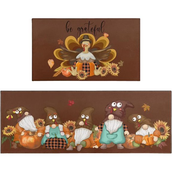 Xsinufn Fall Thanksgiving Kitchen Mat Set of 2 ,Gnome Pumpkin Turkey Decorative Kitchen Rugs and Mats Non Skid Washable,Low-Profile Mats for Kitchen Thanksgiving Decor,17x48+17x30 Inches(Be Grateful)