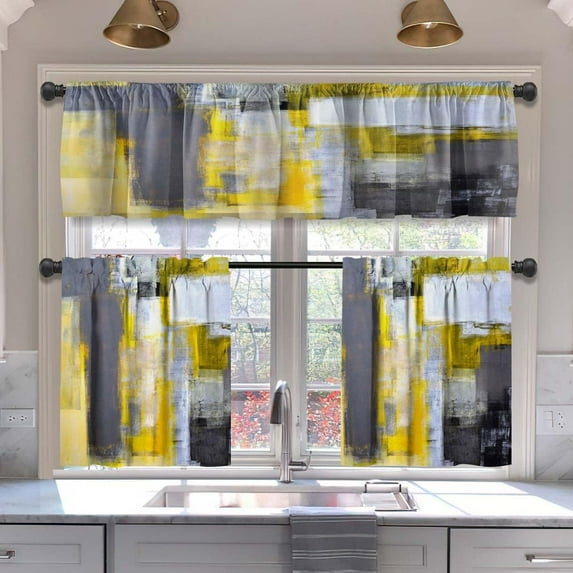 Xsinufn Grey and Yellow Kitchen Curtains Tiers and Valances Set 3 Piece for Windows Modern Abstract Art Kitchen Window Curtains Set,Black Contemporary Trendy Valances for Living Room(36" Tiers Set)