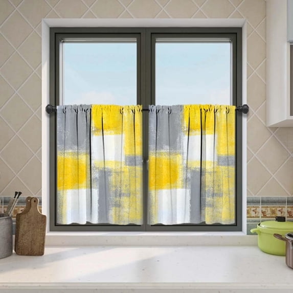Xsinufn Grey and Yellow Kitchen Curtains Tiers3 Piece for Windows Grey White Kitchen Window Curtains Set,Modern Abstract Art Valances for Living Room(24" Tiers Set)