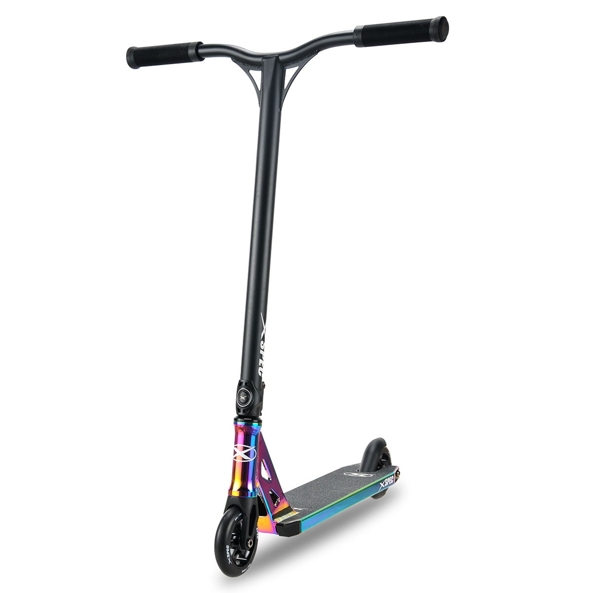 Xspec Chrome Pro Kick Stunt Scooter - Oil Slick Rainbow Anodized Design, -