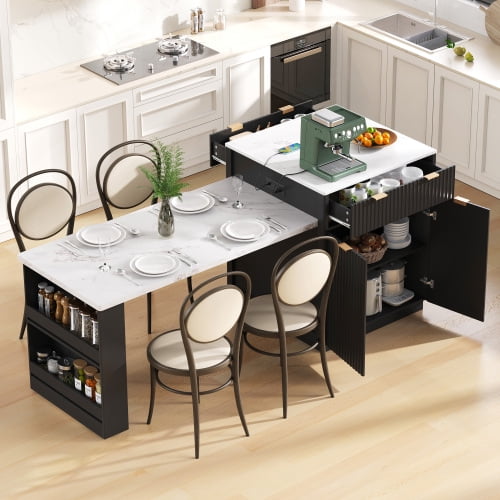 Xspracer 82.6" Fluted Kitchen Island with Extendable Dining Table for 4-6, Island Table for Kitchen with Power Outlet, Kitchen Table with Double-Side Storage, 2 Drawers 2 Side Open Shelves, Black
