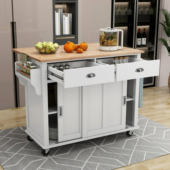 Xspracer Kitchen Cart with Rubber wood Drop-Leaf Countertop, Concealed sliding barn door adjustable height,Kitchen Island on 4 Wheels with Storage Cabinet and 2 Drawers,L52.2xW30.5xH36.6 inch, White