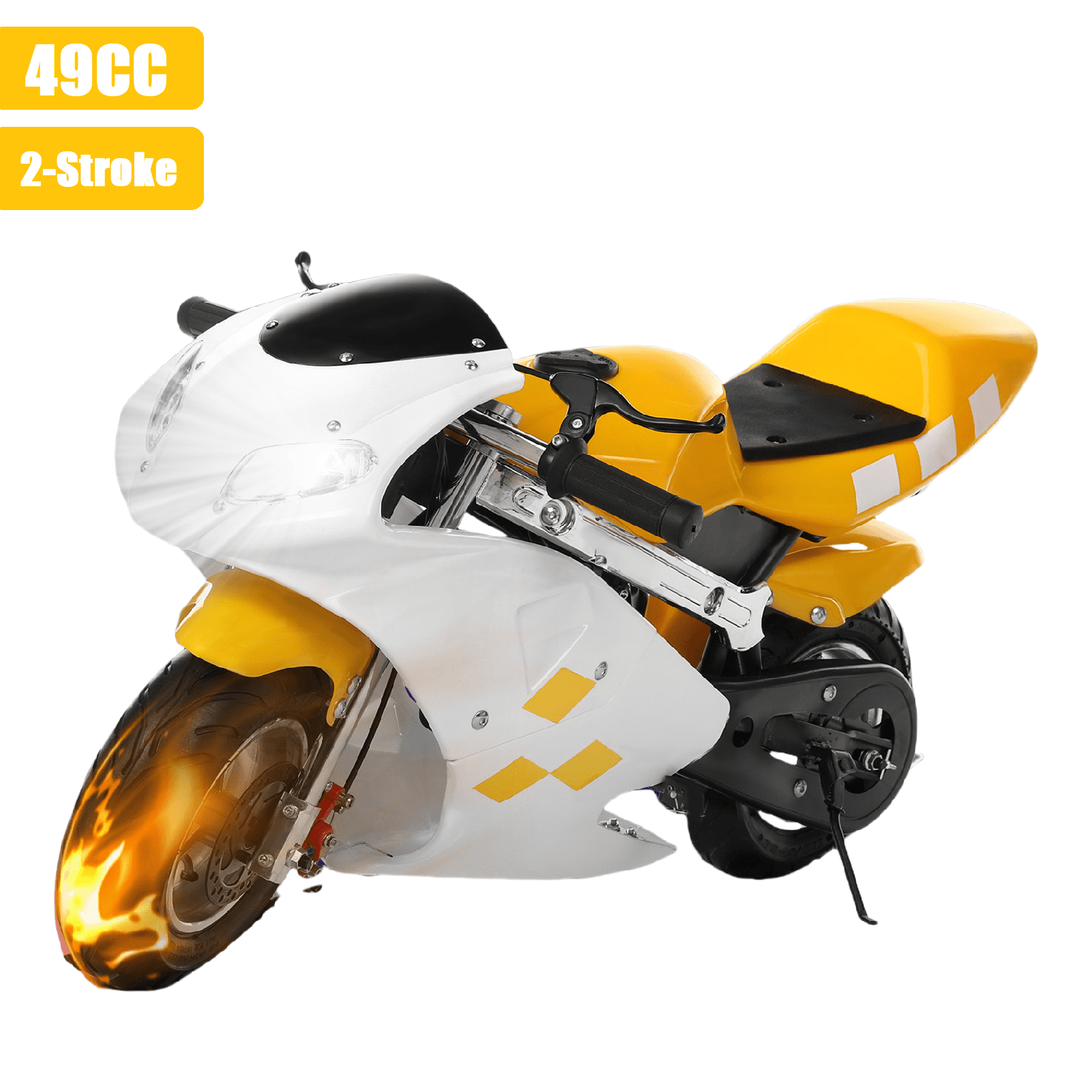 Xssm Gas Pocket Bike 49cc 2-Stroke Gas Powered Mini Motorcycle Ride-On Kids Dirt Bike for Boys Girls, White/Yellow