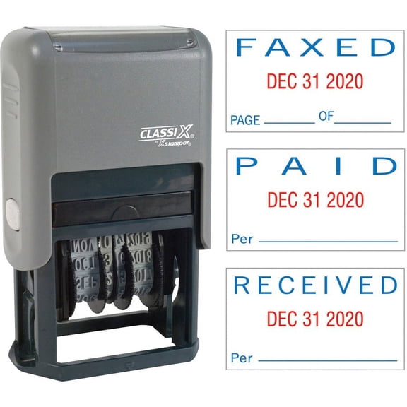 Xstamper Self-Inking Paid/Faxed/Received Dater - Message/Date Stamp - "PAID, FAXED, RECEIVED" - 0.93" Impression Width - Blue, Red - Plastic - 1 Each | Bundle of 5 Each