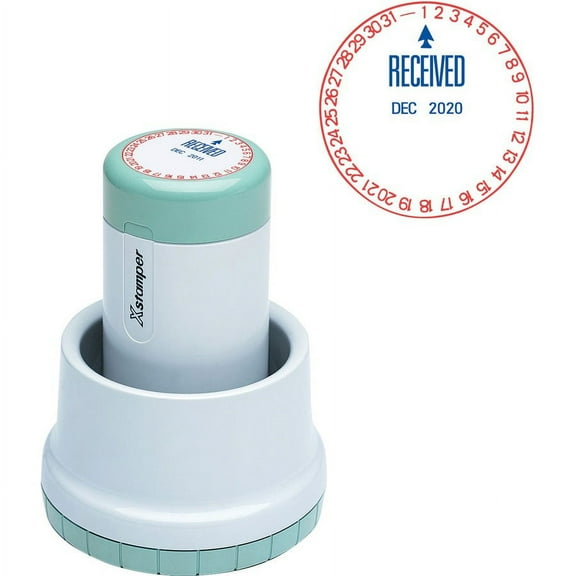 Xstamper XpeDater RECEIVED Rotary Dater - Message/Date Stamp - "RECEIVED" - 1.75" Impression Diameter - Red, Blue - 1 Each | Bundle of 2 Each