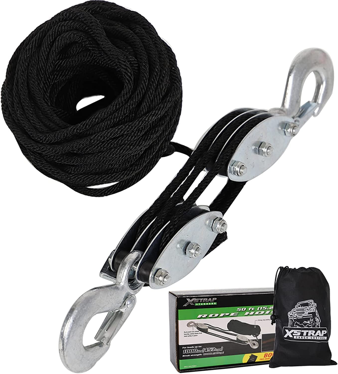 2 Ton ROPE HOIST with 2 HOOKS and Safety CLIPS Dual 4 wheel Pulley Blocks  65 ft.