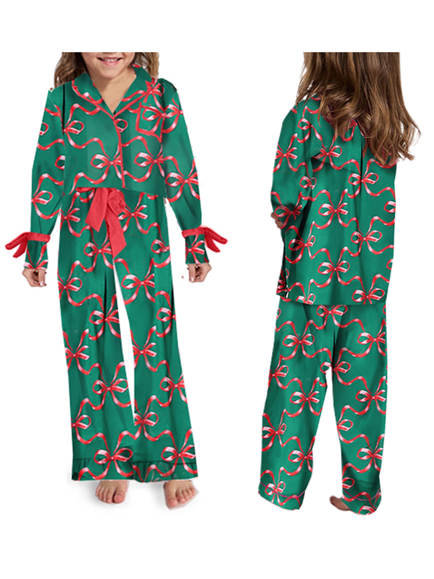 Xsylife Mommy and Me Christmas Pajamas Set Silk Satin Bow Tie Print Pjs ...