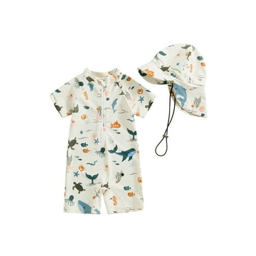 Xsylife Toddler Boys Swimsuit Short Sleeve Crewneck Animal Print Zipper Swimwear with Sun Protection Hat Summer Beach Bathing Suit