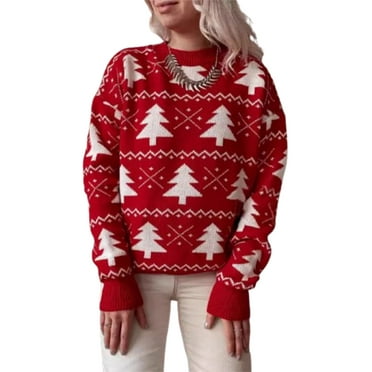 Xsylife Women's Christmas Loose Sweaters Christmas Tree Print Long Sleeve Round Neck Knitwear Pullovers Winter Jumper