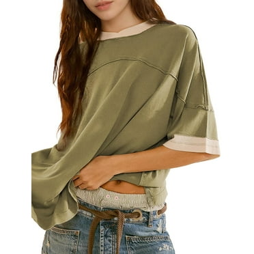 Xsylife Women's Summer Casual Tops Stitching Half Sleeve Crewneck Contrast Color Split Hem T-shirt Loose Oversized Streetwear