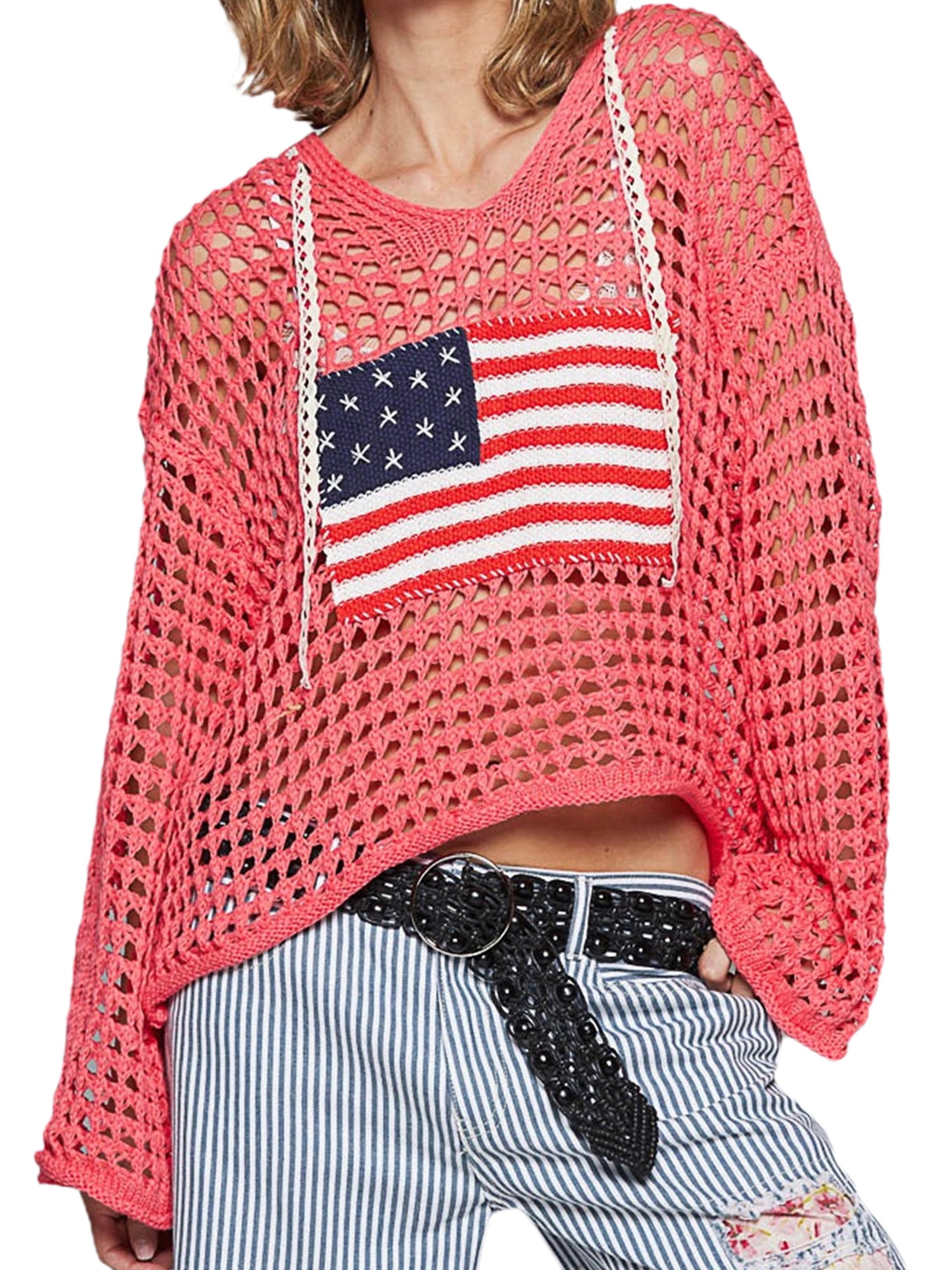 Xsylife Womens American Flag Sweater Crochet Tops 4th Of