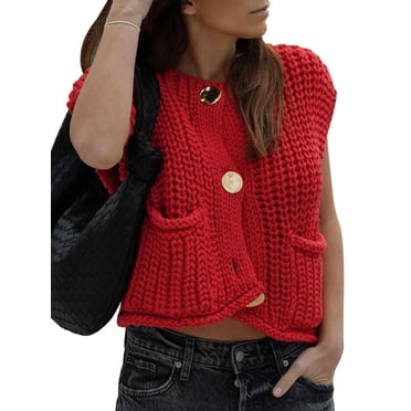 Xsylife Womens Sleeveless Cable Knit Cardigan Casual Cropped Button Down Sweater Vest Open Front Tops with Pockets Streetwear