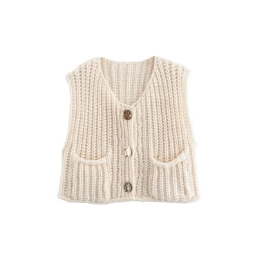 Xsylife Womens Sleeveless Cable Knit Cardigan Casual Cropped Button Down Sweater Vest Open Front Tops with Pockets Streetwear