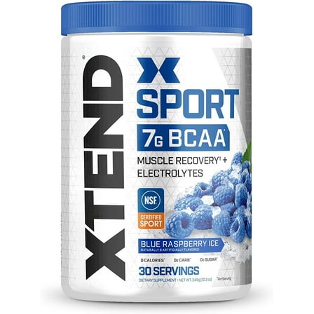 XTEND Sport 7g BCAA Powder, for Muscle Recover, Sugar-Free, Blue Raspberry Ice, 30 Servings