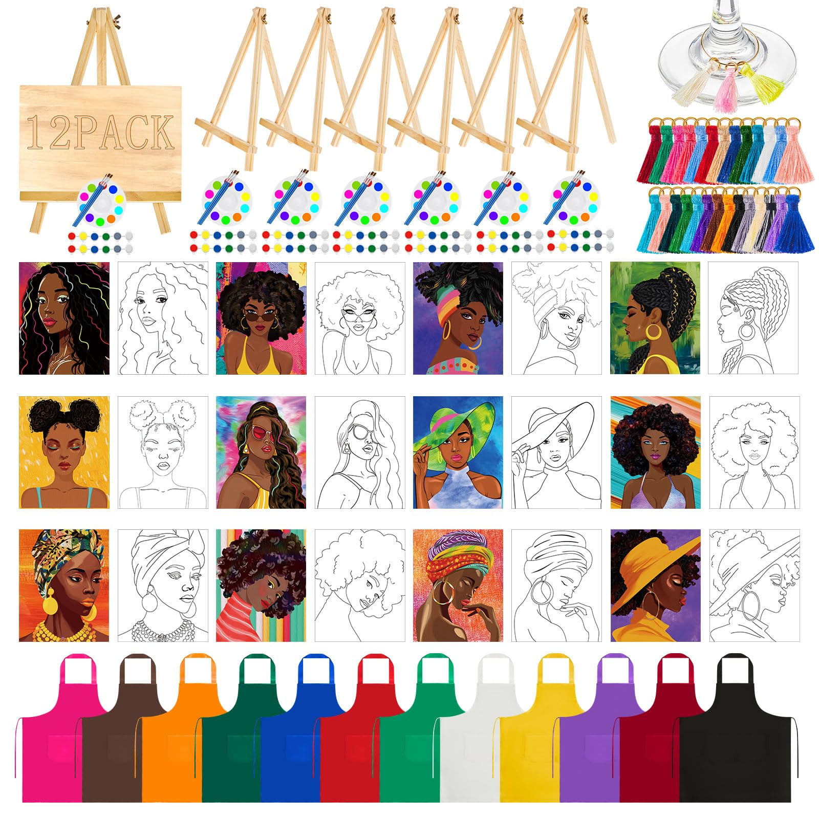 Xtinmee 12 Sets Sip and Paint Kit for Adults Pre Drawn Canvas Afro Girl ...