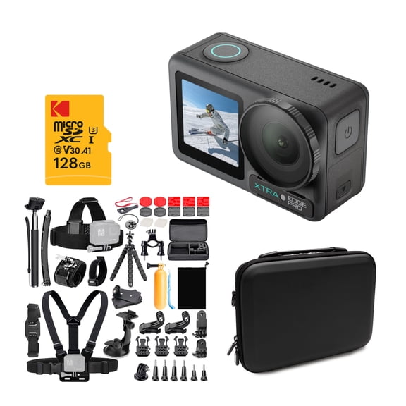 Xtra Edge Action Camera with 128GB MicroSD Card, 50-In-1 Action Camera Accessory Kit and Carry Case Bundle (4 Items)